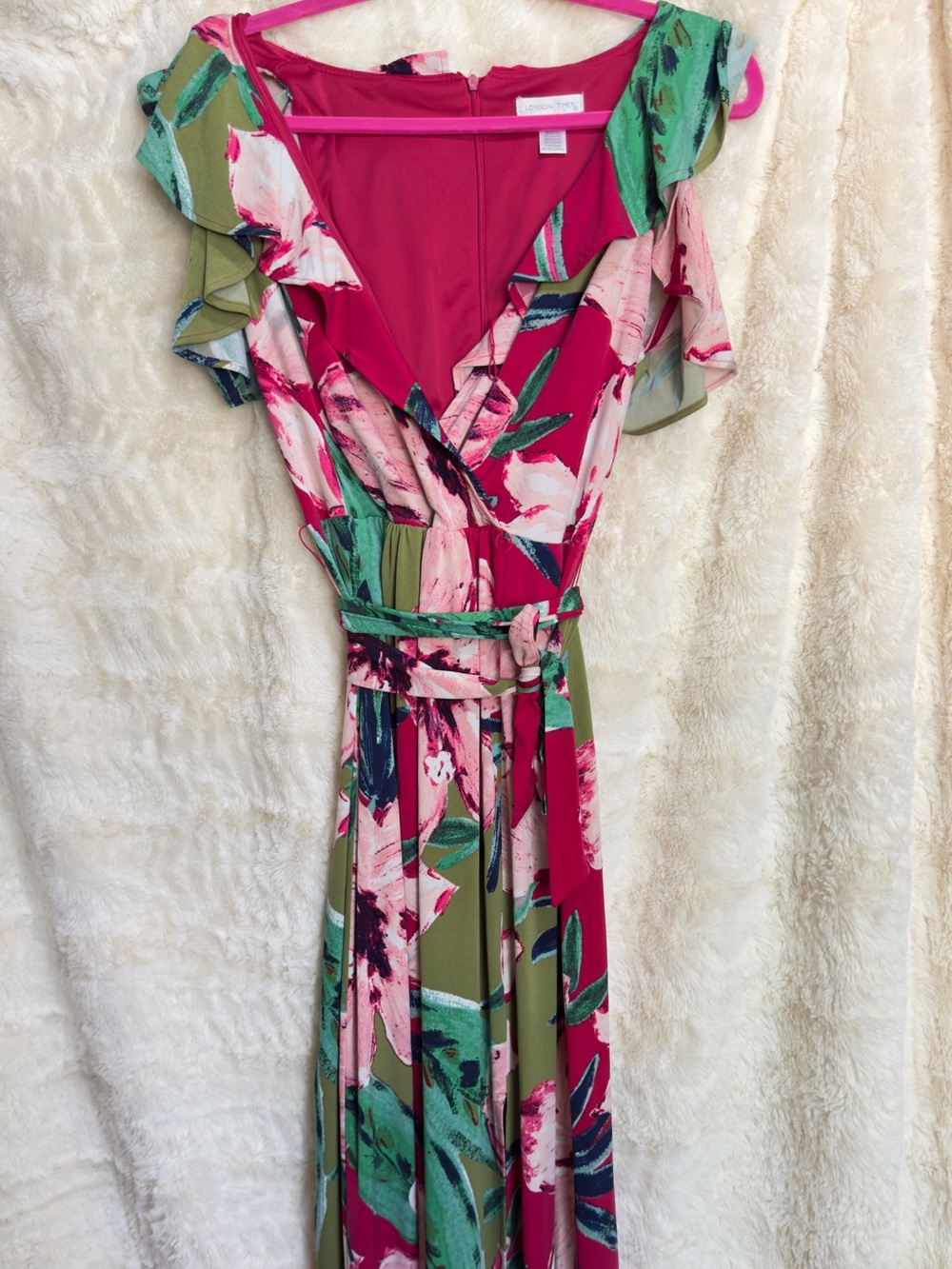 London Times Pink and Green Floral Wrap Maxi Dress